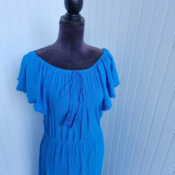Time and Tru Blue A Line Hi Low Hemline Peasant Dress Elastic Waist Sz S 4-6 - Picture 2 of 10